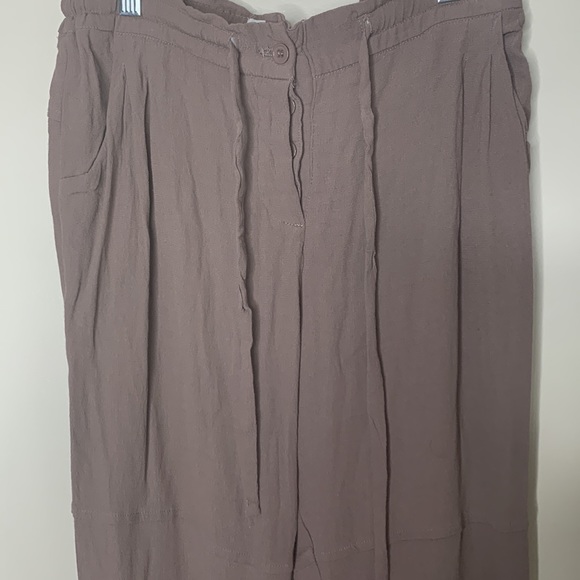 MOD REF | Light Brown Drawstring Waist Button Front Cotton Linen Wide Leg Pants - Picture 2 of 13